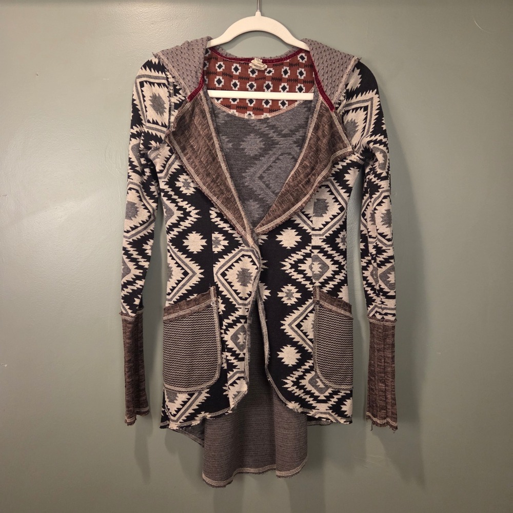 gimmicks By‎ BKE Women's Hooded Cardigan Mixed Pattern, Size S, Boho Cottagecore